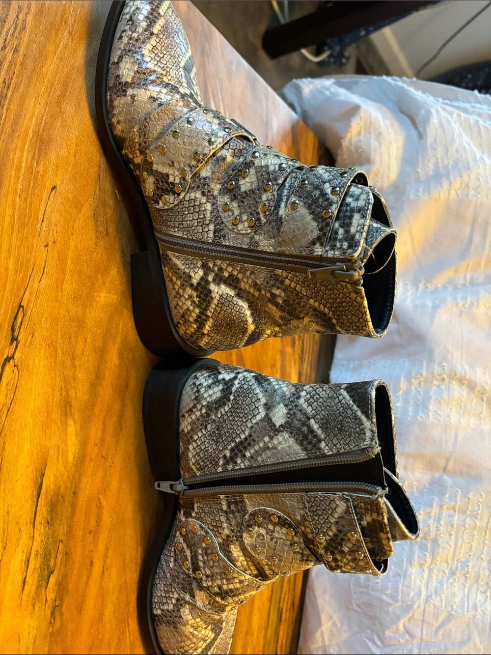 Studded Snake-Print Buckle Ankle Boots in Gray and Cream Size 6